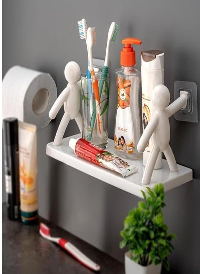 Pathavi Wall Mounted Bathroom Shelf with Cute Human Figurine Holders - Toothbrush, Toothpaste, and Toiletries Organizer - Adhesive Rack for Bathroom or Wash Basin (White) - Image 1